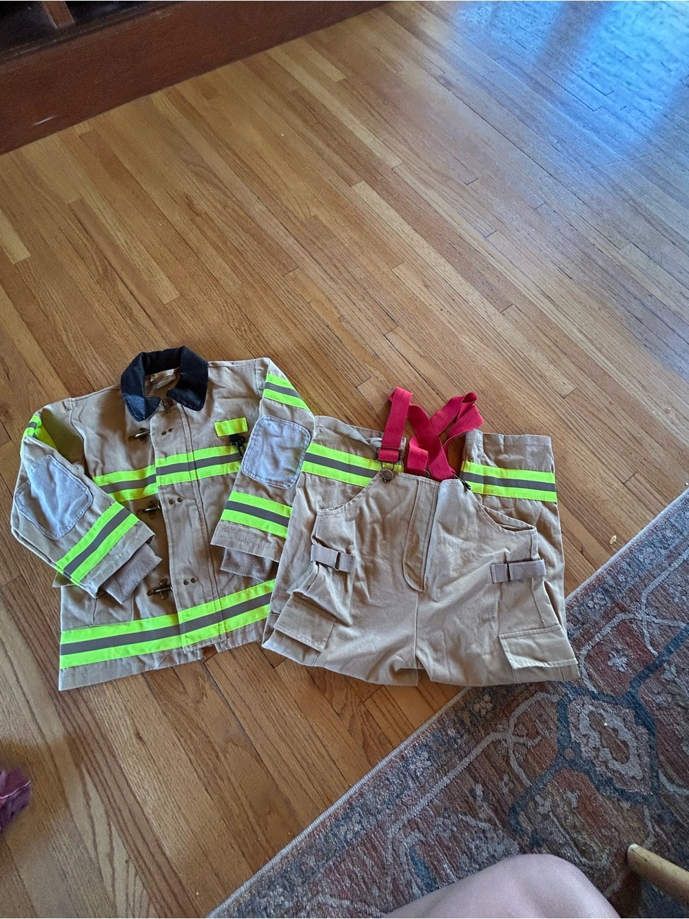 Kids Tan Firefighter Costume Jacket and Pants with Red Suspenders